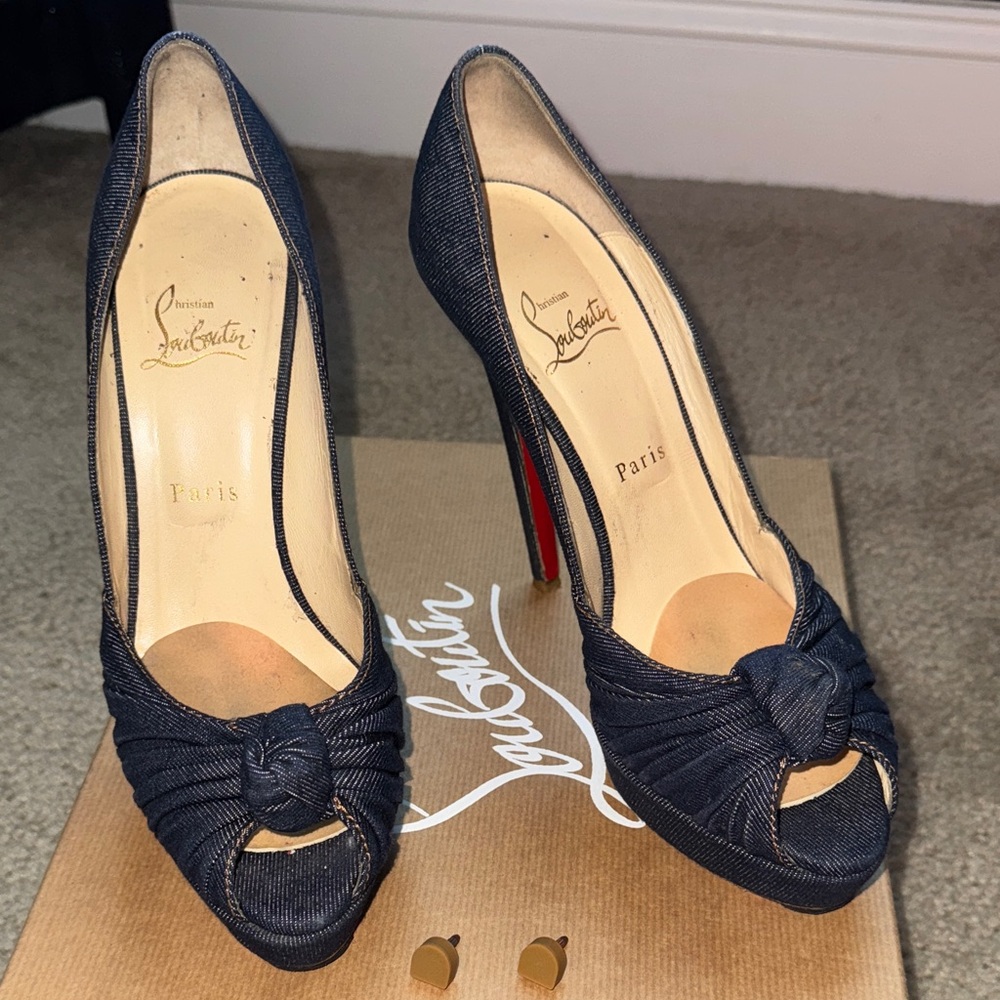 Christian Louboutin Navy Denim Peep Toe Heels Women 40.5